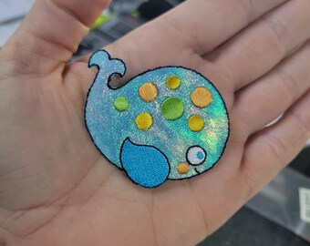 Blue Whale Iron On Applique, Shimmery Embroidered Patch