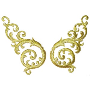 May include: Two gold embroidered fabric embellishments with a swirling, floral design. The embellishments are perfect for adding a touch of elegance to clothing, crafts, or home decor.
