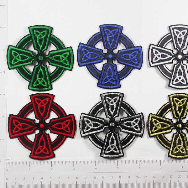 Iron On Patch Applique - Celtic Cross Symbol  Measures 3" long x 3" high approx (76mm x 76mm)