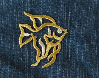 Tropical Fish Iron On Embroidered Patch  Metallic Gold and Silver 2 1/4" across x 2 3/4" high