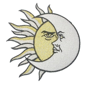 Sun and Moon Iron On Patch Fully Embroidered with Rayon and Metallic Threads  Measures 4 3/4&quot; wide approximately