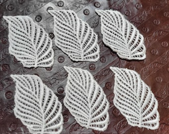 6 applicazioni a forma di foglia in pizzo veneziano color bianco sporco da cucire