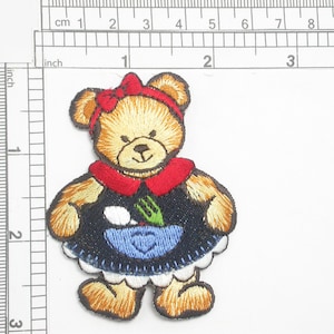 Girl Bear Cooking Embroidered Iron on Applique  Measures 2&quot; high x 3&quot; wide approximately