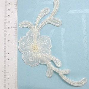 Bridal White and Ivory Flower Spray Beaded - Embroidered Iron on Applique