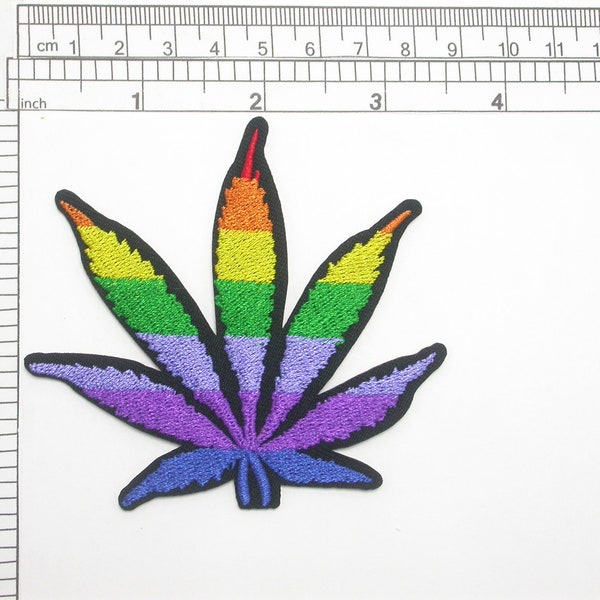 Marijuana Pot Leaf Rainbow high Iron On Patch Applique   3 1/8" high x 3 3/8" wide (79mm x 86mm)