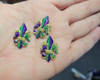 Fleur De Lis Iron On Patch, Metallic Gold Green Purple, Embroidered Applique 3pk