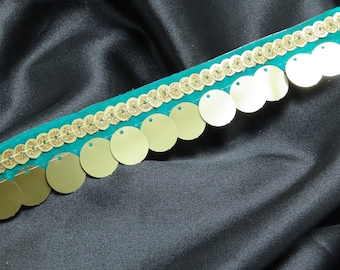 Teal Sequin Trim – Gold Discs, Dance & Sewing Border (30mm)