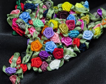 Mini Ribbon Roses with leaf  3/8" (10mm) x  5/8" (16mm) Lots of colors Polyester Satin