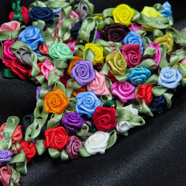 Mini Ribbon Roses with leaf  3/8" (10mm) x  5/8" (16mm) Lots of colors Polyester Satin