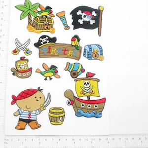 May include: A set of 12 colourful iron-on patches featuring a pirate theme. The patches include a pirate ship, a pirate with a sword, a treasure chest, a parrot, a pirate flag, and more. The patches are perfect for adding a fun and whimsical touch to clothing, bags, or other fabric items.