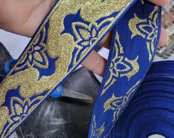 Jacquard Ribbon 1 7/8" Blue & Metallic Gold Selling By The Yard