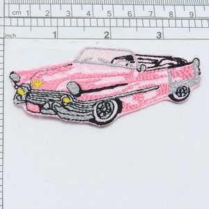 Pink Cadillac Patch Iron On Embroidered Applique  Measures 3.5&quot; across x 1 5/8&quot; high
