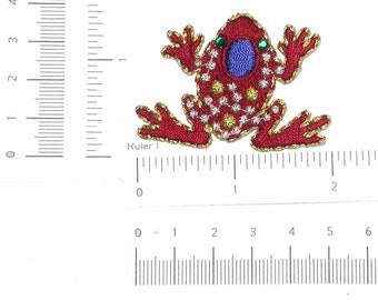 Frog Patch Gem Eye Embroidered Iron On  Applique Measures 2" x 1 3/8"