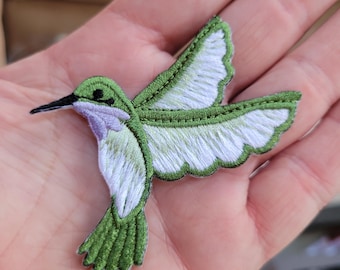 Embroidered Hummingbird Iron-On Patch: Lavender & Green Applique