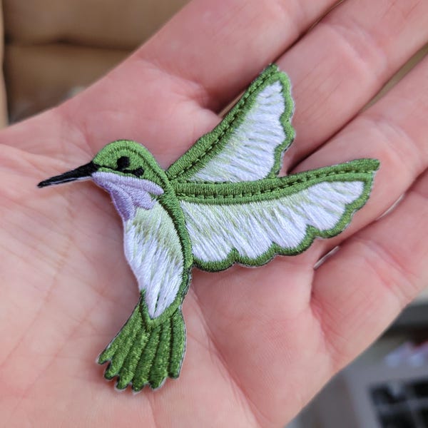 Embroidered Hummingbird Iron-On Patch: Lavender & Green Applique