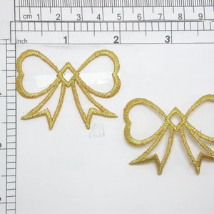 Bow Metallic Gold Embroidered  Iron On Patch Appliques Measures 2&quot; x 1.5&quot; high approx
