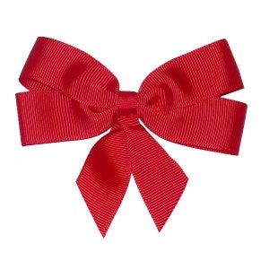 May include: A red satin bow with a center loop and two long tails.