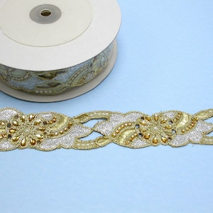 Borda Sari Saree com miçangas bordada em ouro e prata 1 3/4" (45 mm) por metro