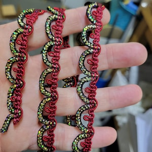Braid 5/8" 16mm Fancy Loop red Black & Holographic Gold Priced per Yard
