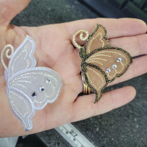 Side Butterfly Patch Sheer Embroidered Iron On Applique w Rhinestone Detailing