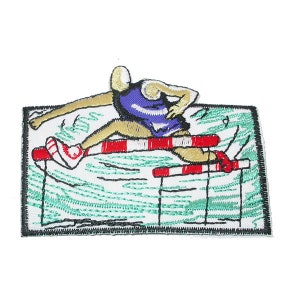 May include: An embroidered patch depicting a person in a purple and white uniform jumping over a hurdle. The hurdle is red and white and the background is green.