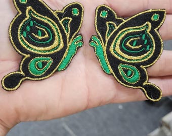 Side Butterfly Patch Pair Gold & Green  2 7/8" x 2 1/8" each piece  71mm x 54mm