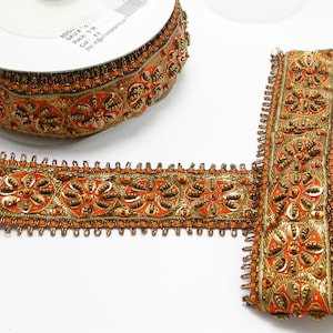 Kralen Indiase Bloemen Saree Sari Border 2 1/2 "63.5mm Handgemaakte Geprijsde op maat gesneden - Oranje