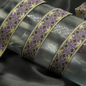 Jacquard Ribbon Purple Gold 7/8" (22mm) Metallic Medieval style Priced per yard