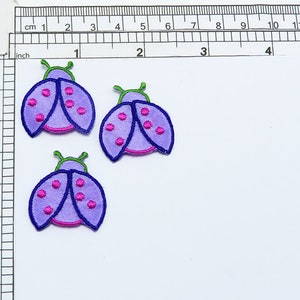 3 x Ladybug Lilac Patch Iron On Embroidered Applique   Measures 1 1/8&quot; across x 1 1/4&quot; high