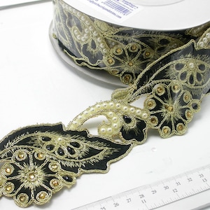 Ausgefallene Perlen Sari Saree Floral Bollywood Rand bestickt 2 1/2" (63mm) pro Meter schwarz