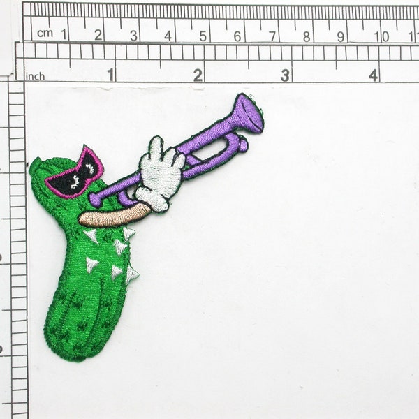 Cucumber with Trumpet Iron On Patch Applique   Measures 2 1/4" high x 3" wide approximately Musical food