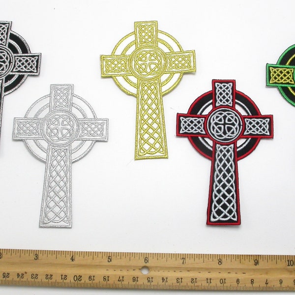 Celtic Cross Iron On Patch Applique  - Measures 4 1/4" (108mm) high x 2 3/4" (70mm) wide