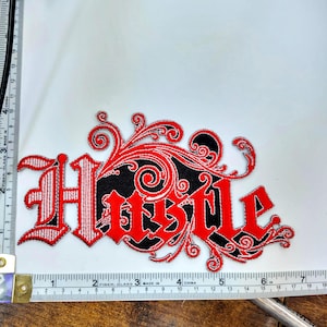 Large Iron On Embroidered Hustle Patch Applique in Red Black & White  6 1/2&quot; x 4&quot;