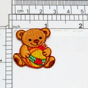 Christmas Teddy Bear with Bauble iron on applique Fully Embroidered Measures 1 3/16&quot; wide x 1 1/4&quot; high
