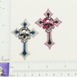 Gothic Biker Cross  with Skull 2 1/2&quot; tall pink or blue  Metallic Iron on Applique