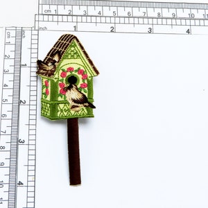 Birdhouse with Finches Iron On Applique  Highly detailed Embroidered Iron on Applique Measures 4&quot; high x 1 5/8&quot;