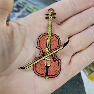 Violin Embroidered Iron On Patch - Rayon & Metallic Threads (73mm x 50mm)