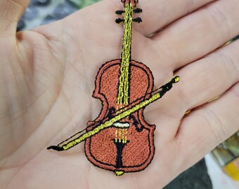 Violin Embroidered Iron On Patch - Rayon & Metallic Threads (73mm x 50mm)