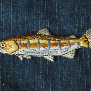 May include: Embroidered patch of a salmon fish with orange, yellow, and white scales. The fish is on a blue denim background.