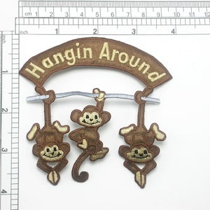Monkeys Patch Hanging Around Embroidered  Iron On Applique   3 3/4" high x 3 7/8"