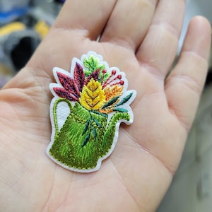 Watering Can with Fall Leaves Embroidered Iron On Patch Applique