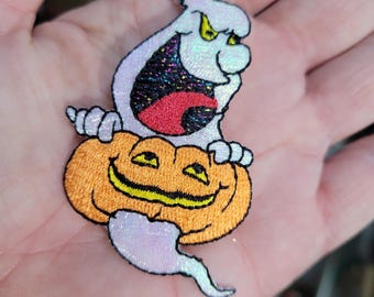 Sparkly Ghost with Pumpkin Embroidered Iron On Patch