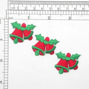 3 x Seasonal Bells with Holly Iron On Patch Applique  Fully Embroidered Measures 1 1/4&quot; across x 1 1/8&quot; high (32mm x 29mm) approx