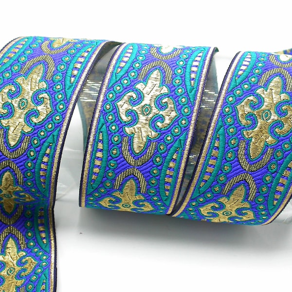 2" Jacquard Border "Majestic" Woven Ribbon (50mm)  Per Yard & Up teal Royal Gold