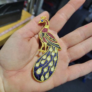 Peacock w Gem Eye Iron On Embroidered Applique 1 5/8" x 3 3/4"