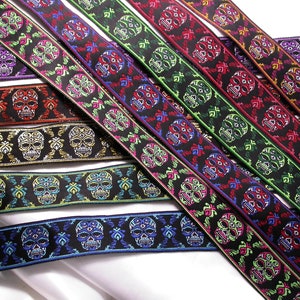 Sugar Skulls Jacquard Ribbon 1&quot; (25MM) choice of 12 colors polyester 3 Yards & up