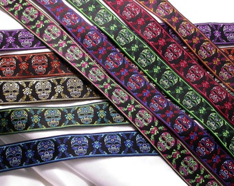 Sugar Skulls Jacquard Ribbon 1&quot; (25MM) choice of 12 colors polyester 3 Yards & up