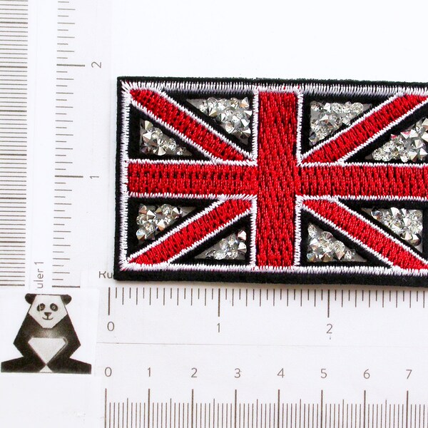 Union Jack UK Flag Crystal Iron On Patch Applique Punk Rock   3" x 1 7/8" (75mm x 47mm) approx