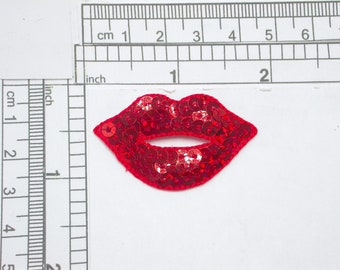 Hot Lips Red Sequin Kiss  Patch Iron On  Applique   Embroidered & Sequins  Measures 1-3/4" x 1-1/8"    (44mm x 28.6mm)