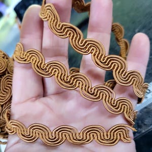 May include: Close-up of a decorative gold trim with a wavy, spiral design. The trim is made of a shiny, woven material. The trim is held in a hand, showing the detail of the design.